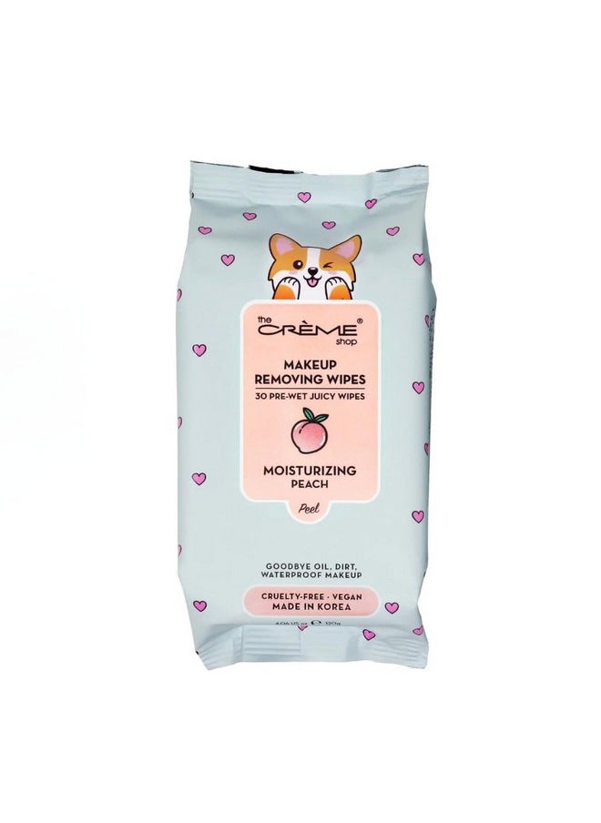 The Creme Shop Juicy Makeup Removing Wipes Made With Moisturizing Peach Make Up Remover Cleansing Wipes Hydrating Makeup Wipes Corgi (30 Prewet Wipes) 