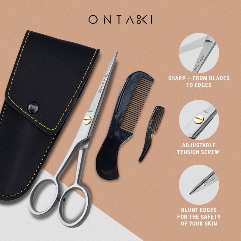 Ontaki Beard & Mustache Trimming Scissors - 5-Inch, Silver, Pack of 1 - Mustache Care Kit with Travel Comb - Compact Travel Pouch & Grooming Kit - 410C German Steel Durability & Beard Scissors - Image 2