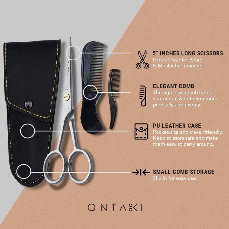 Ontaki Beard & Mustache Trimming Scissors - 5-Inch, Silver, Pack of 1 - Mustache Care Kit with Travel Comb - Compact Travel Pouch & Grooming Kit - 410C German Steel Durability & Beard Scissors - Image 5