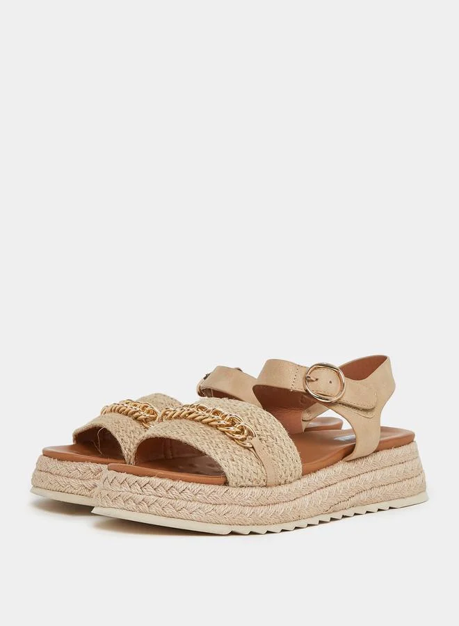 Styli Metal Chain Accent Flat Sandals with Buckle Closure