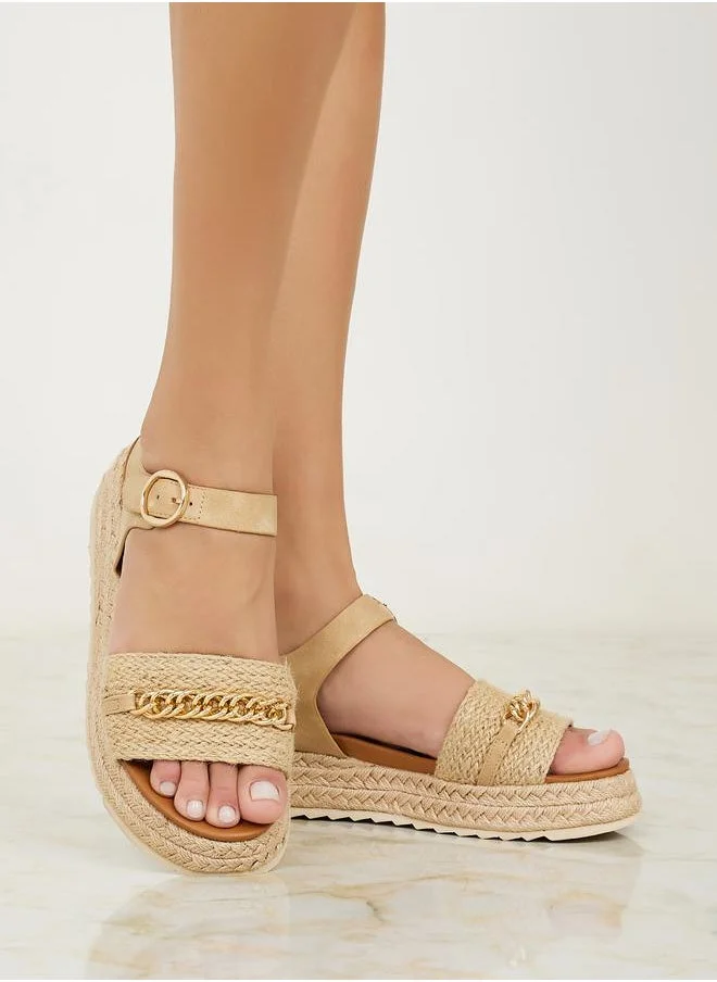 Styli Metal Chain Accent Flat Sandals with Buckle Closure