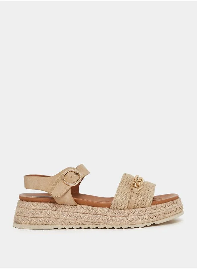 Styli Metal Chain Accent Flat Sandals with Buckle Closure