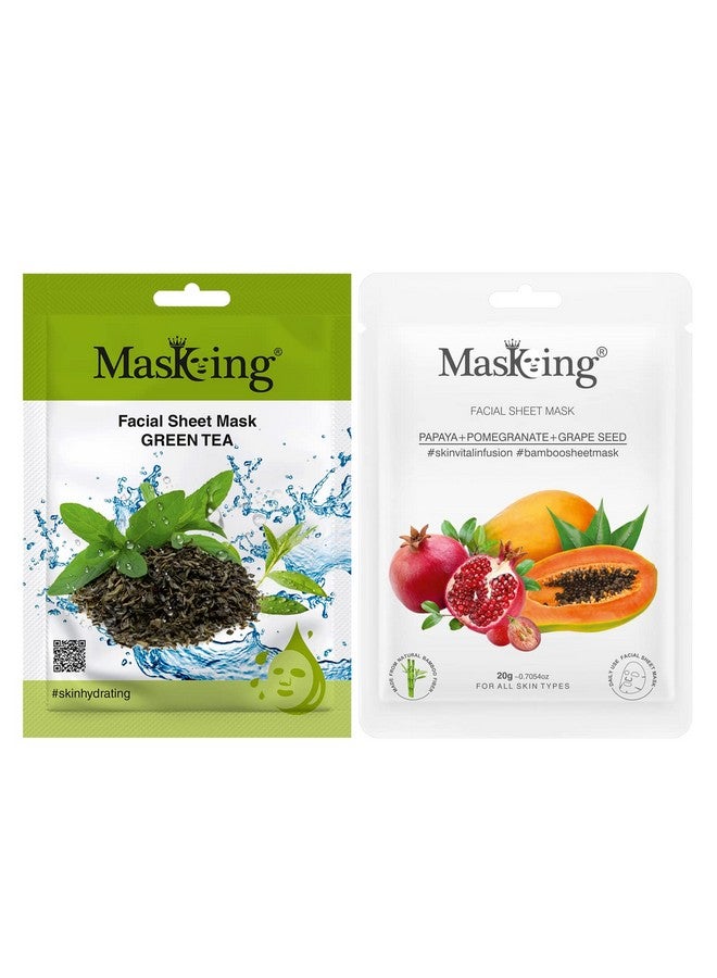 MasKing Beauty Facial Sheet Mask of Green Tea (20g) & Bamboo Facial Sheet Mask of Papaya, Pomegranate & Grape Seed (20g) Ideal for Women & Men (Combo Pack of 2) - Image 1