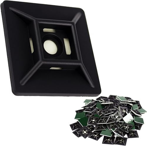 PHYXOLOGY SUPPLY Zip Tie Adhesive-Backed Mounts 100Pk. Professional-Grade, UV Black Cable Tie Bases, 1.1 x 1.1. Screw-Hole Anchor Point Provides Optimal Strength for Long-Term Durability & Use and Clutter-Free Cables. - Image 1