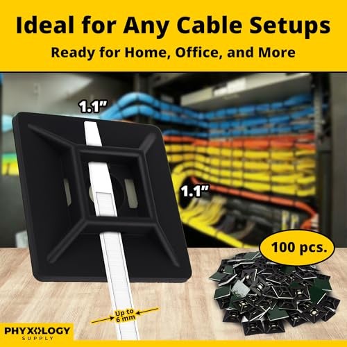 PHYXOLOGY SUPPLY Zip Tie Adhesive-Backed Mounts 100Pk. Professional-Grade, UV Black Cable Tie Bases, 1.1 x 1.1. Screw-Hole Anchor Point Provides Optimal Strength for Long-Term Durability & Use and Clutter-Free Cables. - Image 4