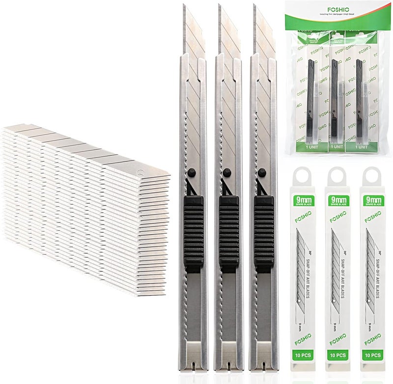 FOSHIO Utility knife Retractable with 30 Degree Snap Off Blade 9MM Box Cutter Knife, Office Vinyl and Paper Cutting Craft Knives, Pack of 3 - Image 1