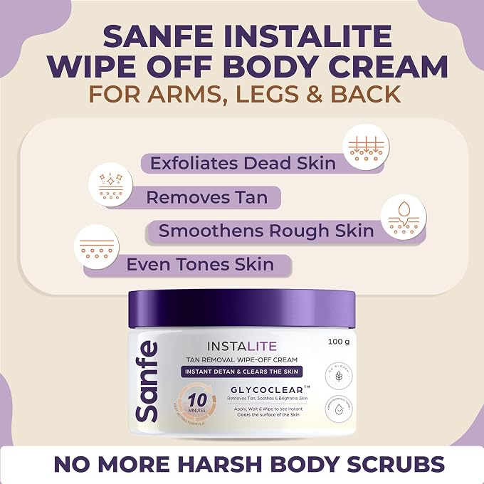 Sanfe Detan Cream Instalite Detan Wipe Off 100 gm | With Glycoclear Technology | 1 Tone Brighter in 10 mintues | For Legs, Arms, Underarms and Back | Detan Cream Pack for Tan Removal & Glowing Skin - Image 3