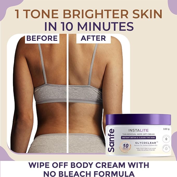 Sanfe Detan Cream Instalite Detan Wipe Off 100 gm | With Glycoclear Technology | 1 Tone Brighter in 10 mintues | For Legs, Arms, Underarms and Back | Detan Cream Pack for Tan Removal & Glowing Skin - Image 2