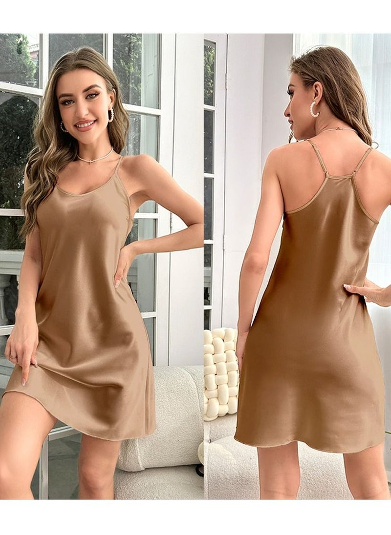 Loquat - Women's Solid Color Nightgown Scoop Neck Slip Dress Soft Lingerie Mini Sleepwear With Adjustable Strap Khaki - Image 1