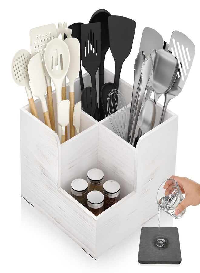 Yofidra Kitchen Utensil Holder with Stone Drying Mats, 4 Compartments Corner Utensil Holder for Kitchen Countertop, Extra Large Silverware Organizer (White) - Image 1