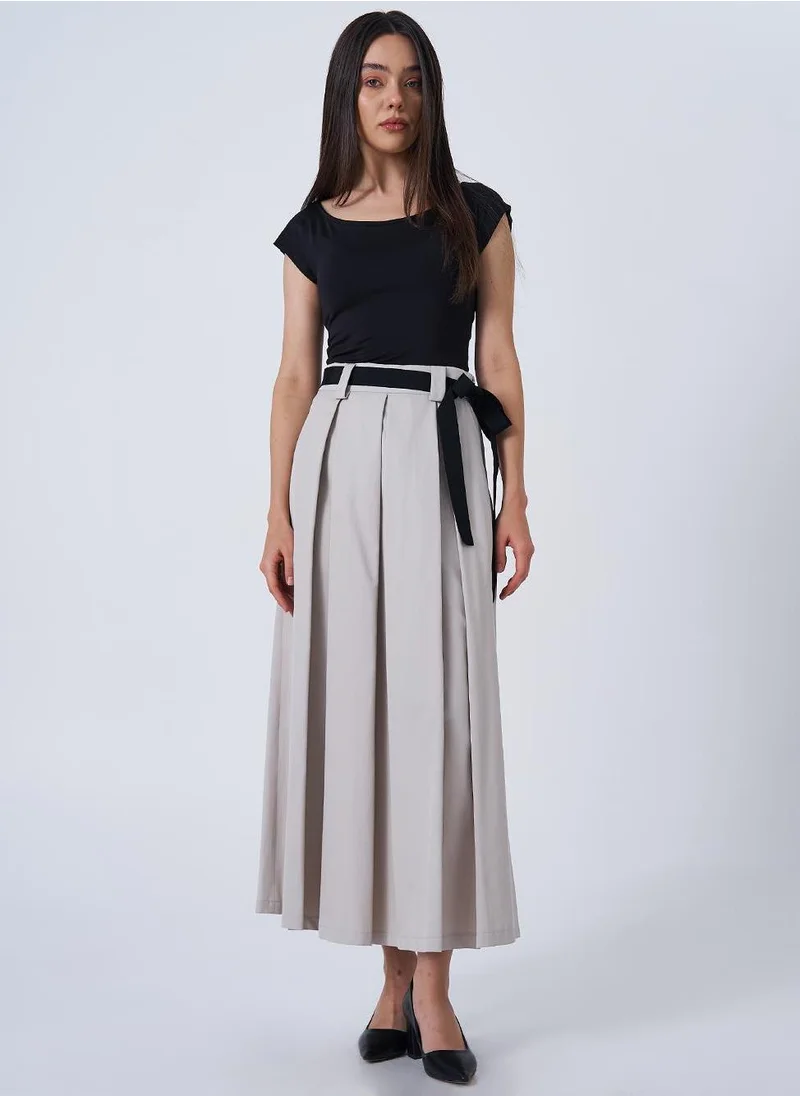 Kayra Grosgrain Tie Pleated Skirt Stone