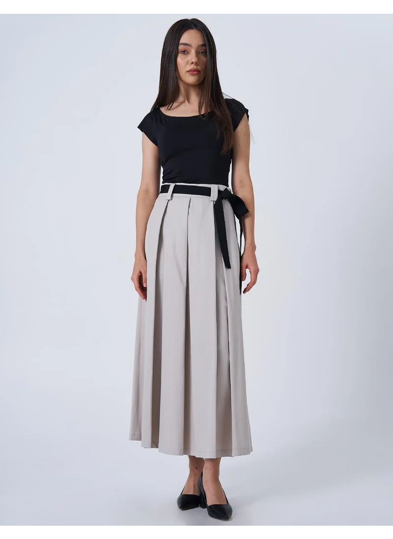 Kayra Grosgrain Tie Pleated Skirt Stone