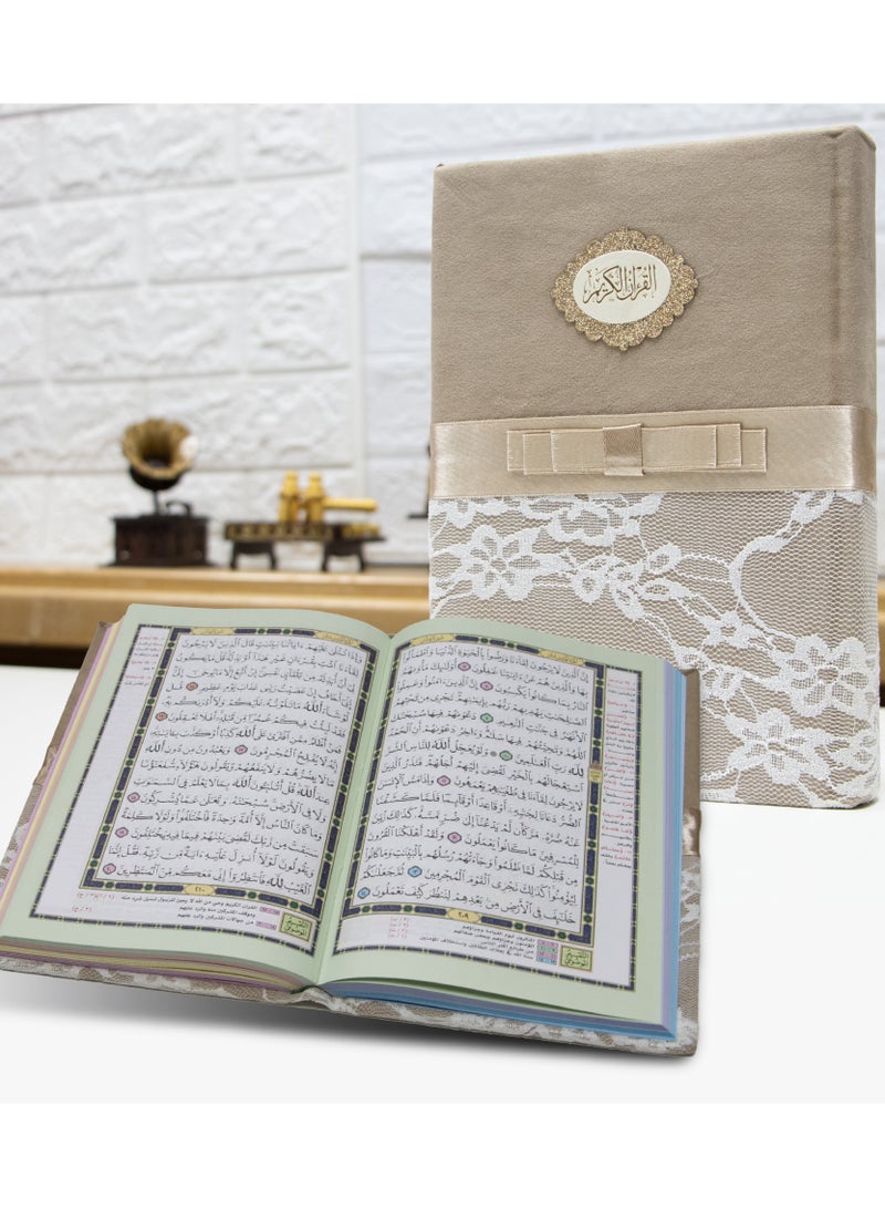 المصحف بالرسم العثماني وبهامشه التقسيم الموضوعي و التبيان لكلم المنان من تفسير السعدي. موضوعي ملون الأطراف دانتيل 17/12(بني فاتح) - Image 3