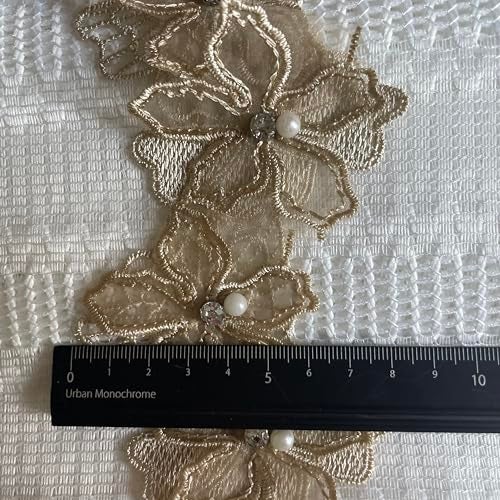 Buysk 2 Yards 3D Pearl Beads Flower Lace Trim Ribbon Floral Applique Embroidered Lace Fabric for Sewing DIY Crafts (Brown) - Image 3