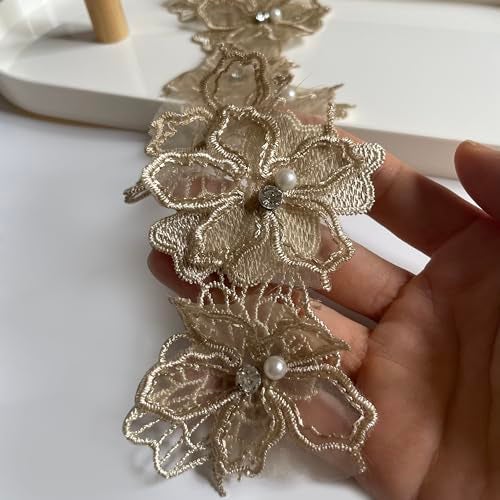 Buysk 2 Yards 3D Pearl Beads Flower Lace Trim Ribbon Floral Applique Embroidered Lace Fabric for Sewing DIY Crafts (Brown) - Image 2