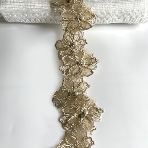 Buysk 2 Yards 3D Pearl Beads Flower Lace Trim Ribbon Floral Applique Embroidered Lace Fabric for Sewing DIY Crafts (Brown) - Image 1