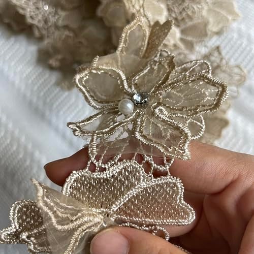 Buysk 2 Yards 3D Pearl Beads Flower Lace Trim Ribbon Floral Applique Embroidered Lace Fabric for Sewing DIY Crafts (Brown) - Image 4