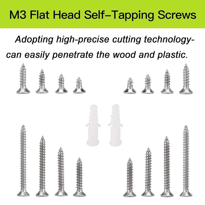 Excefore M3 Flat Head Wood Screws Assortment Fasteners Kit, 400 Pieces Phillips Drive Countersunk Head Self-Tapping Screws,304 Stainless Steel,Contains 20pcs M6 Screw Anchors for Hollow Wall Hanging or Blinds - Image 5
