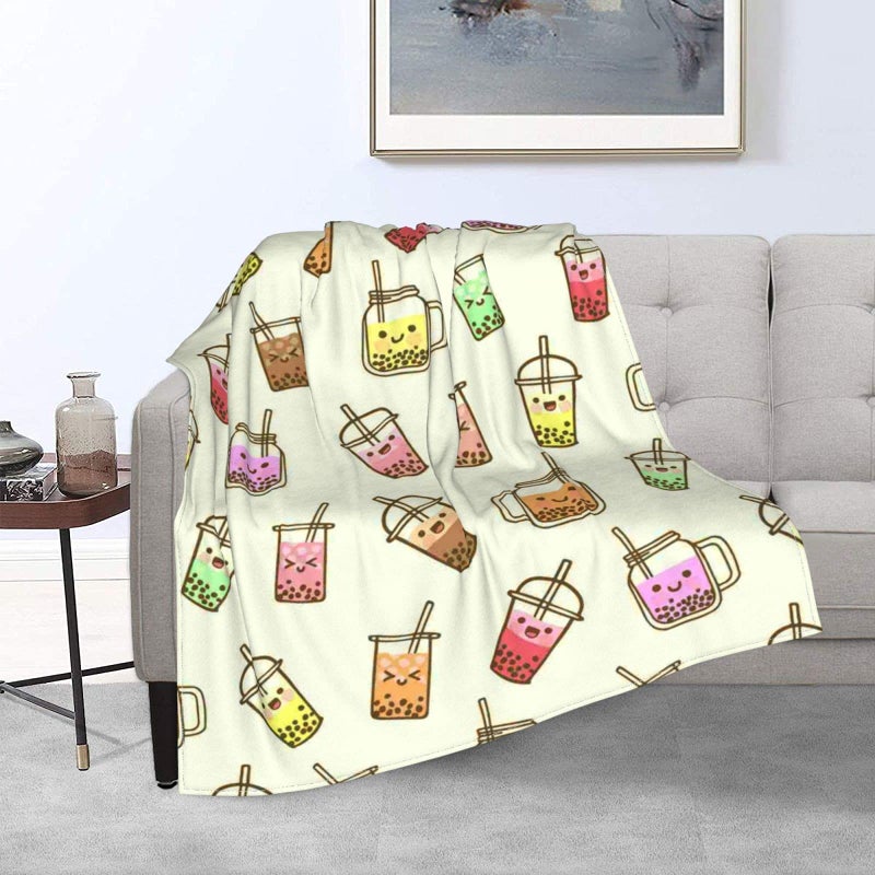 SKT T1 Boba Bubble Tea Blanket Kawaii Smiled Drinks with Tapioca Pearls Throw Blanket for Kids Girls, Ice Milk Tea Cozy Flannel Blanket Soft Lightweight Fluffy Sofa Plush Fleece Blanket 50"x40" - Image 1