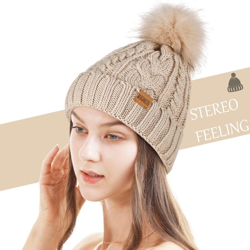 REDESS Women Winter Pompom Beanie Hat with Warm Fleece Lined, Thick Slouchy Snow Knit Skull Ski Cap - Image 1