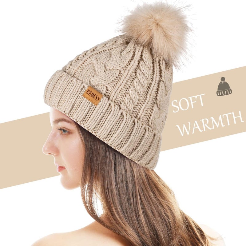REDESS Women Winter Pompom Beanie Hat with Warm Fleece Lined, Thick Slouchy Snow Knit Skull Ski Cap - Image 2