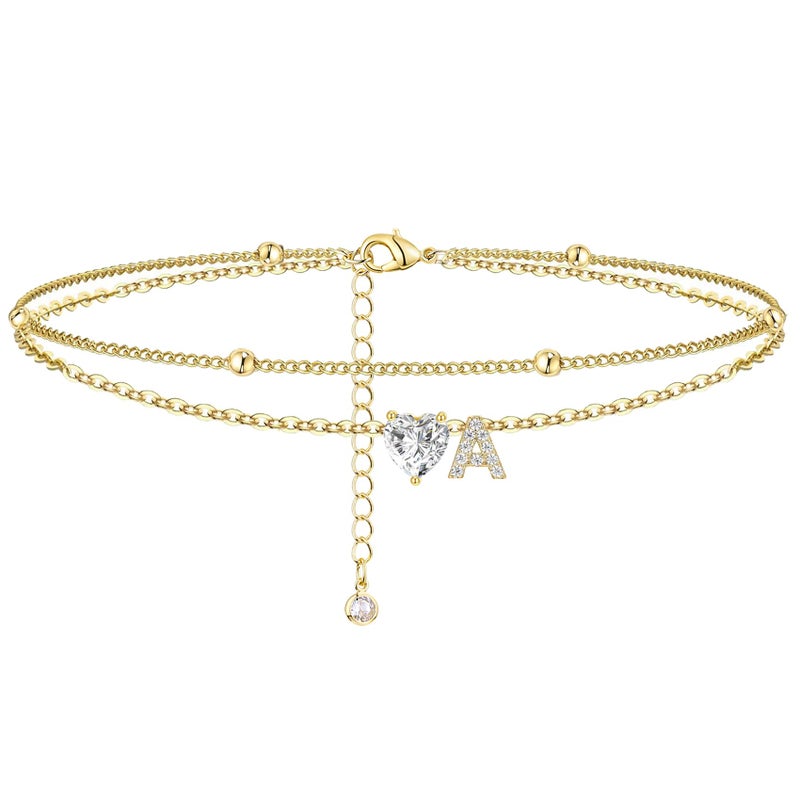 MYYOII Ankle Bracelets for Women Waterproof 14K Gold Plated CZ Initial Anklet for Women Dainty Layered Letter Heart Ankle Bracelets Handmade Adjustable Foot Chain Anklet Summer Beach Jewelry J - Image 1