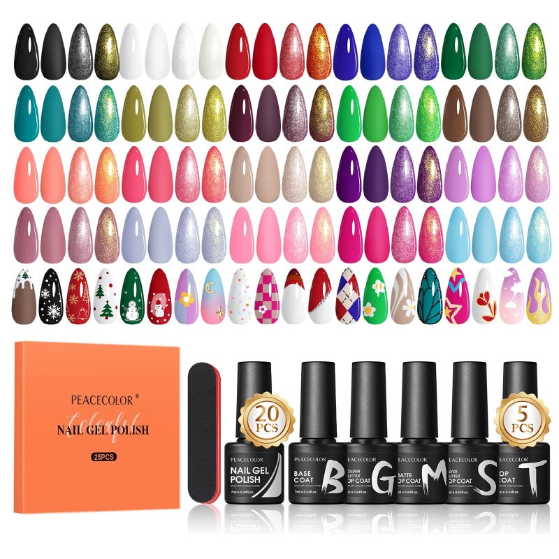 Peacecolor 26PCs Gel Nail Polish Set ,Spring Colors Gel Polish Kit with 5Pcs Glossy/Matte/Glitter Top Base Coat Nude Pink White Green Red Blue Soak Off Gel Manicure Kit Gifts for Women DIY - Image 1