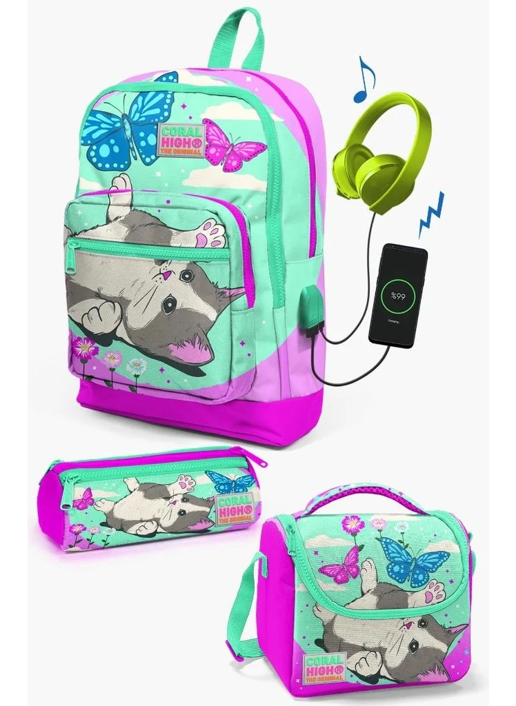 كورال هاي Kids Water Green Pink Cat Patterned USB 3-Piece School Bag Set GOSET0123807