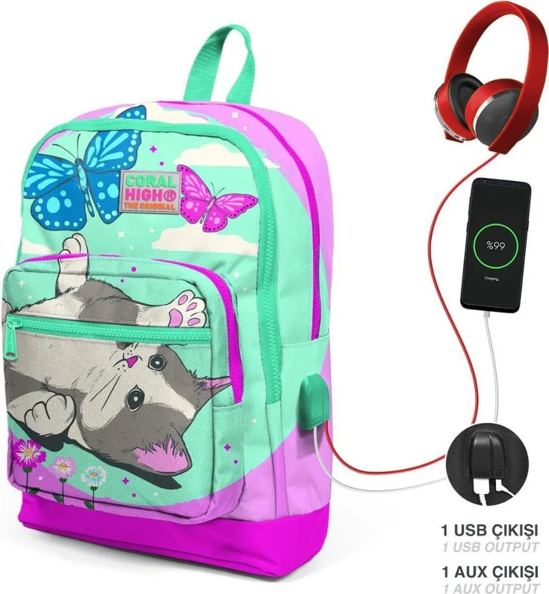 كورال هاي Kids Water Green Pink Cat Patterned USB 3-Piece School Bag Set GOSET0123807