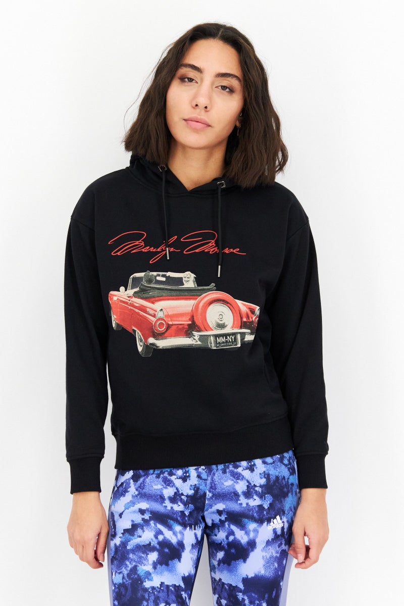 Marilyn Monroe Women Hooded Neck Long Sleeves Graphic Print Sweatshirt, Black - Image 1
