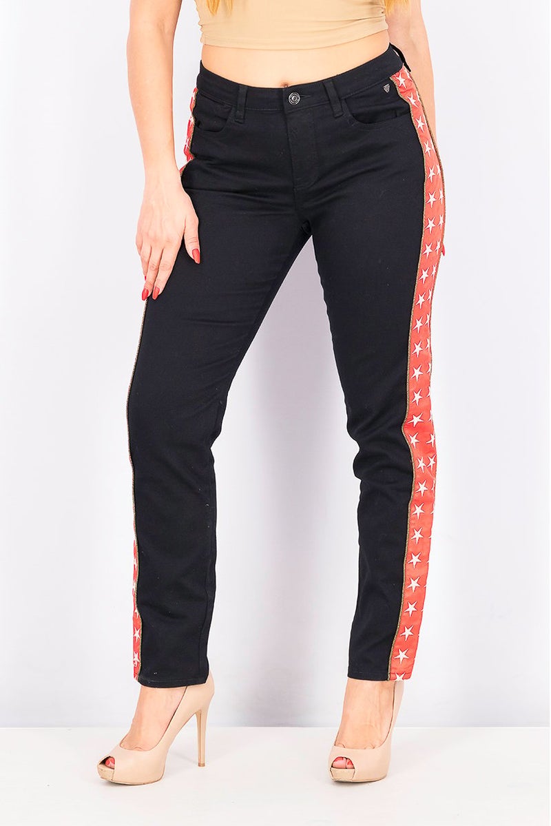 Scotch & Soda Women Straight Stretchable Embroidered Pants, Black and Red - Image 1