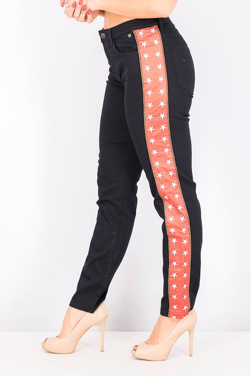 Scotch & Soda Women Straight Stretchable Embroidered Pants, Black and Red - Image 3