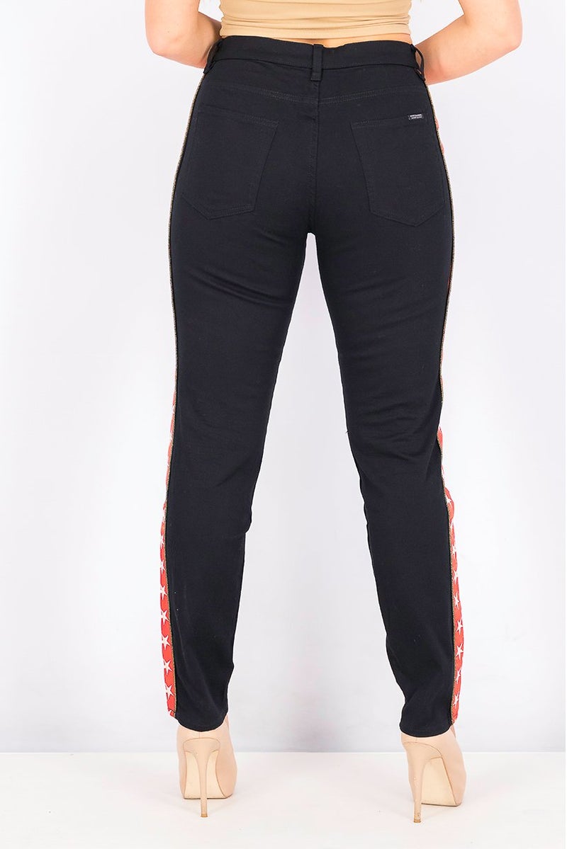Scotch & Soda Women Straight Stretchable Embroidered Pants, Black and Red - Image 4