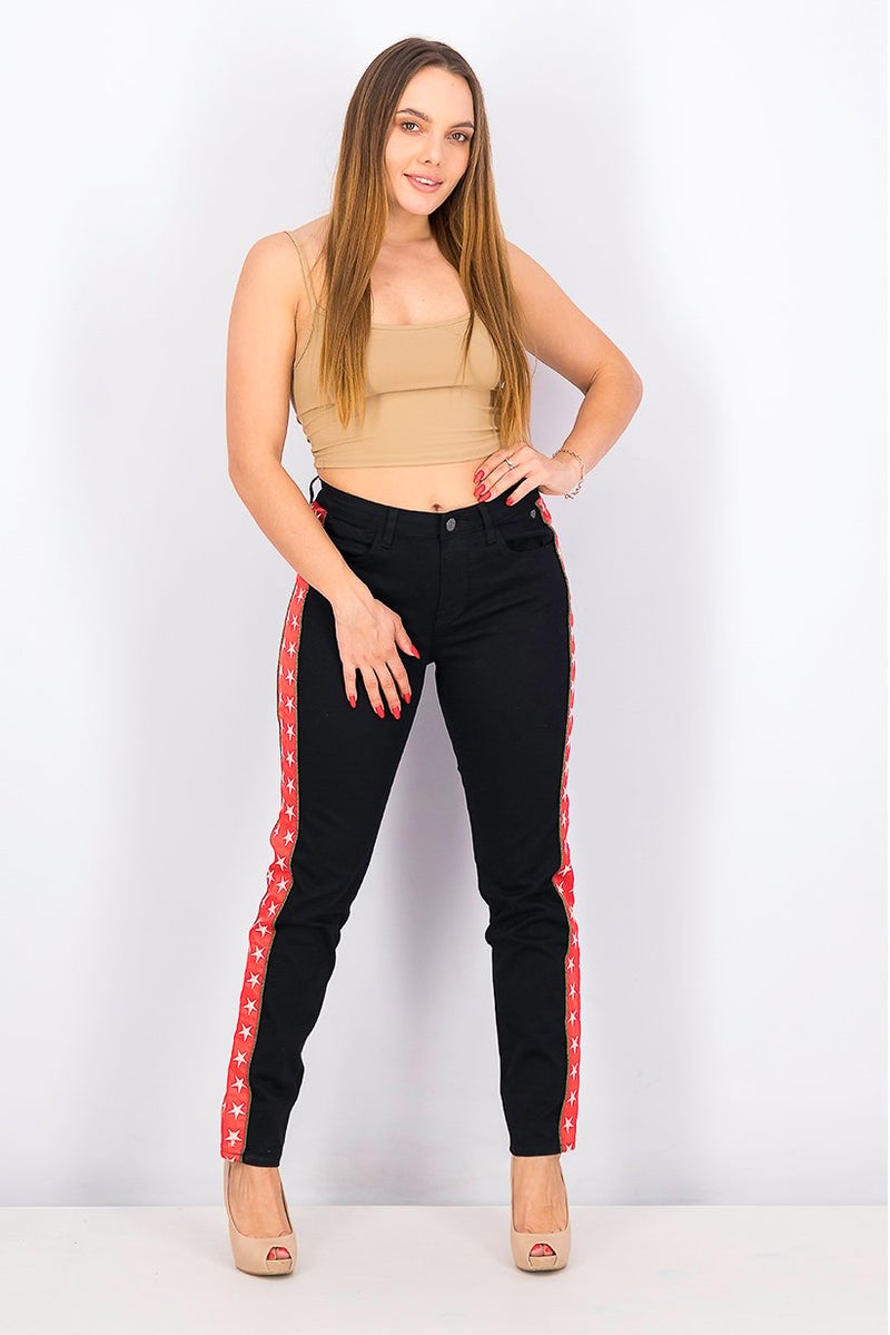 Scotch & Soda Women Straight Stretchable Embroidered Pants, Black and Red - Image 2