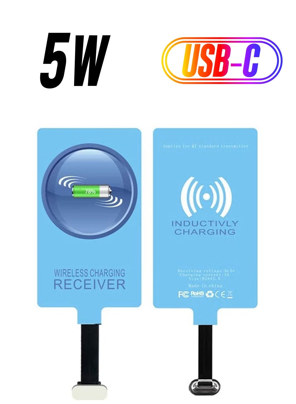 Wireless Charging Receiver USB-C Qi Receiver Type C Wireless Charger with Fast Smart Microchip Technology for Samsung Galaxy A20 Fire LG Huawei Sony Motorola Xiaomi Alcatel All Android Device