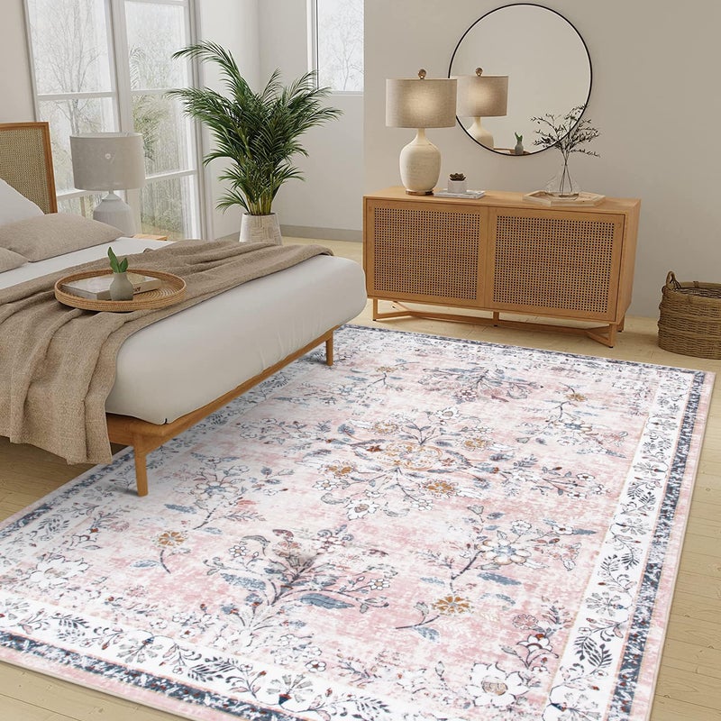 LIVEBOX Washable Rugs 8x10 for Living Room, Boho Large Bedroom Rug 8x10, Soft Pink Floral Rug Non Slip, Low Pile Indoor Carpet for Girls Room Playroom Nursery, Blush/Pink - Image 1
