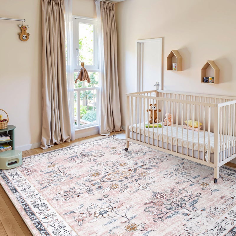 LIVEBOX Washable Rugs 8x10 for Living Room, Boho Large Bedroom Rug 8x10, Soft Pink Floral Rug Non Slip, Low Pile Indoor Carpet for Girls Room Playroom Nursery, Blush/Pink - Image 3