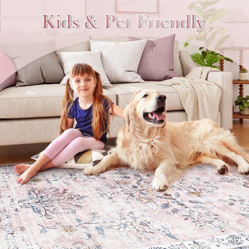 LIVEBOX Washable Rugs 8x10 for Living Room, Boho Large Bedroom Rug 8x10, Soft Pink Floral Rug Non Slip, Low Pile Indoor Carpet for Girls Room Playroom Nursery, Blush/Pink - Image 2