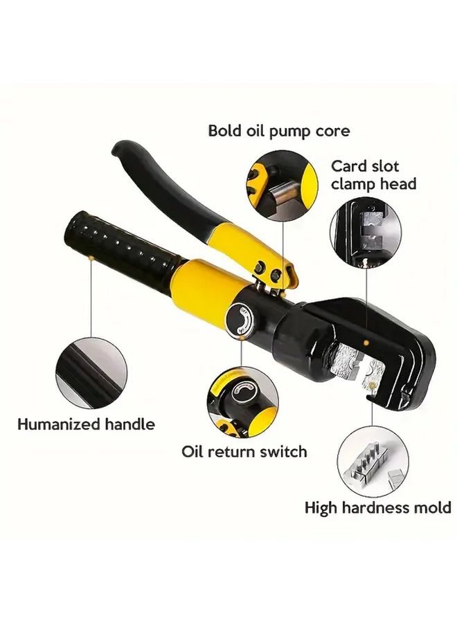 1 Set Manual Hydraulic Pliers Tool Kit Yellow Black Chrome Plated with Adjustable Oil Return Valve for Electricians Includes 4 6 10 16 25 35 50 70mm² Hex Crimping Dies in Plastic Tool Box - Image 2