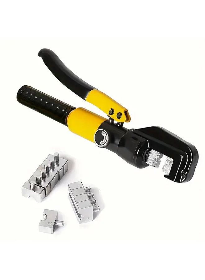 1 Set Manual Hydraulic Pliers Tool Kit Yellow Black Chrome Plated with Adjustable Oil Return Valve for Electricians Includes 4 6 10 16 25 35 50 70mm² Hex Crimping Dies in Plastic Tool Box - Image 4