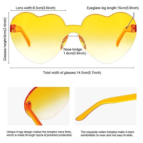 JFTOWN 12 Pairs Heart Shape Rimless Valentines Sunglasses Candy Color Frameless One Piece Love Glasses for Women Party Favor（Gradient Yellow） - Image 2