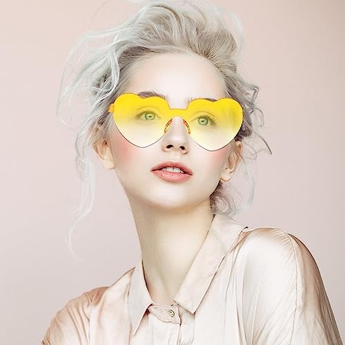 JFTOWN 12 Pairs Heart Shape Rimless Valentines Sunglasses Candy Color Frameless One Piece Love Glasses for Women Party Favor（Gradient Yellow） - Image 3