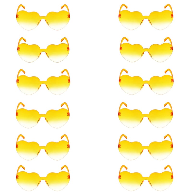 JFTOWN 12 Pairs Heart Shape Rimless Valentines Sunglasses Candy Color Frameless One Piece Love Glasses for Women Party Favor（Gradient Yellow） - Image 1