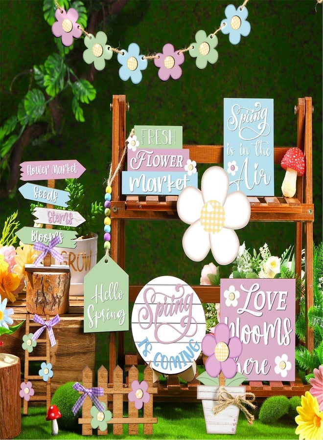 مارسوي ١٦ قطعة صينية متعددة الطبقات مزينة بزخارف الربيع، صينية خشبية متعددة الطبقات لتزيين سطح الطاولة، لافتة خشبية ثلاثية الأبعاد لسوق الزهور الطازجة، ديكور ريفي لمنزل ريفي لحفلات الربيع (زهور) - Image 2