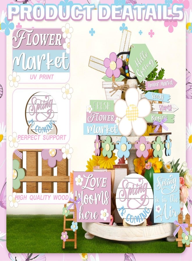 مارسوي ١٦ قطعة صينية متعددة الطبقات مزينة بزخارف الربيع، صينية خشبية متعددة الطبقات لتزيين سطح الطاولة، لافتة خشبية ثلاثية الأبعاد لسوق الزهور الطازجة، ديكور ريفي لمنزل ريفي لحفلات الربيع (زهور) - Image 4