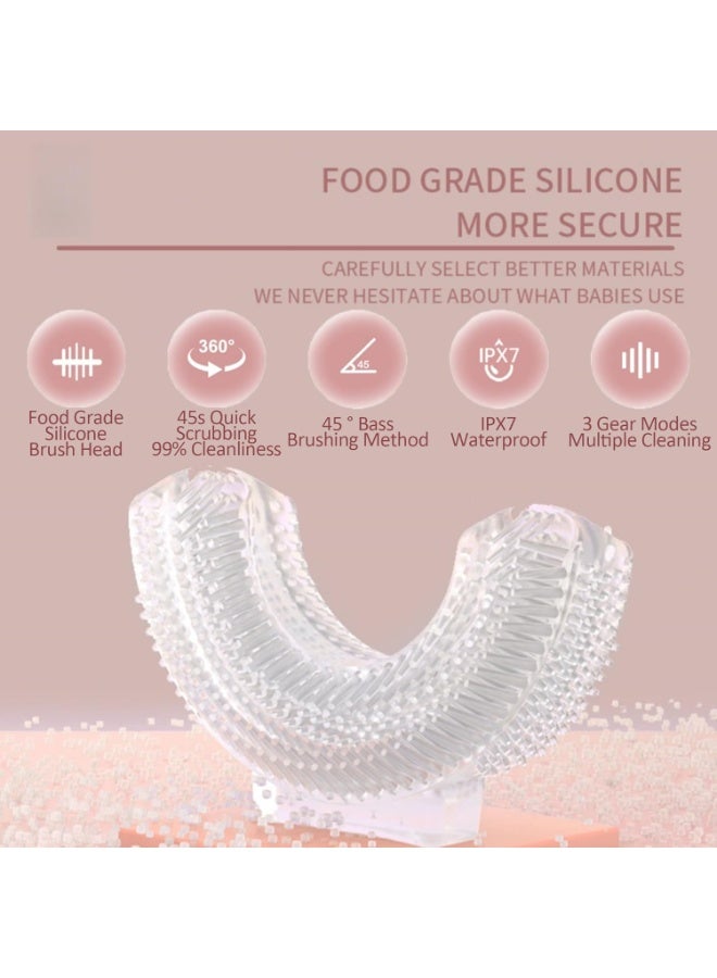 Kids U Shaped Electric Toothbrush, 360° Sonic Automatic Toothbrush with 3 Cleaning Modes, IPX7 Waterproof Cartoon Dinosaur Design (Pink) - Image 2