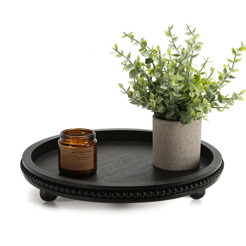 SYNCVIBE Wooden Beaded Decor Tray for Coffee Table, Rustic Wooden Trays Table Centerpieces, Decorative Trays for Home Decor Kitchen Table Farmhouse Serving Tray (Round Black) - Image 1