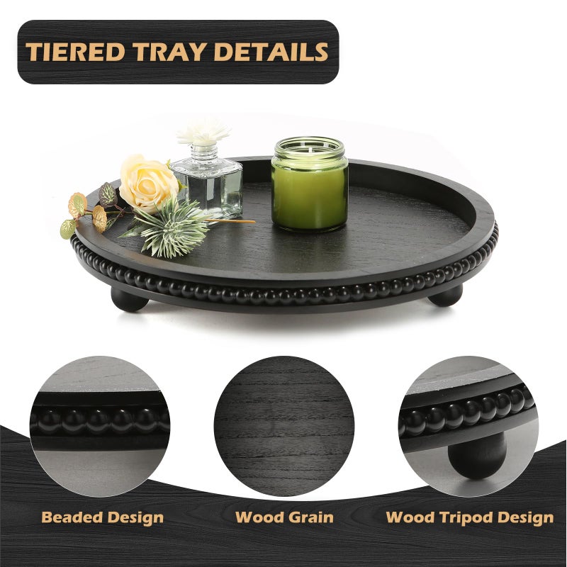 SYNCVIBE Wooden Beaded Decor Tray for Coffee Table, Rustic Wooden Trays Table Centerpieces, Decorative Trays for Home Decor Kitchen Table Farmhouse Serving Tray (Round Black) - Image 2