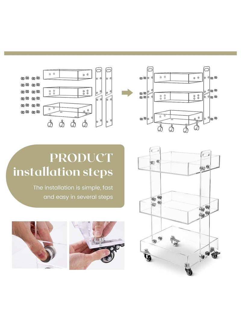 إي وورلد عربات أكريليك متعددة الاستخدامات على العجلات تتميز بلوح سميك وعجلات دوارة قابلة للقفل. تصميم طاولة جانبية بثلاث طبقات لغرفة المعيشة وتنسيق طاولة السرير في غرفة النوم بأسلوب أنيق. - Image 3