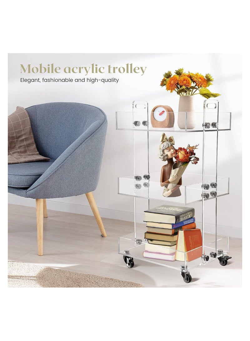 إي وورلد عربات أكريليك متعددة الاستخدامات على العجلات تتميز بلوح سميك وعجلات دوارة قابلة للقفل. تصميم طاولة جانبية بثلاث طبقات لغرفة المعيشة وتنسيق طاولة السرير في غرفة النوم بأسلوب أنيق. - Image 4